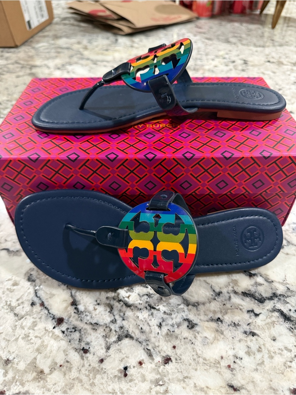 Tory Burch Navy Leather Sandal with Rainbow Logo Accent